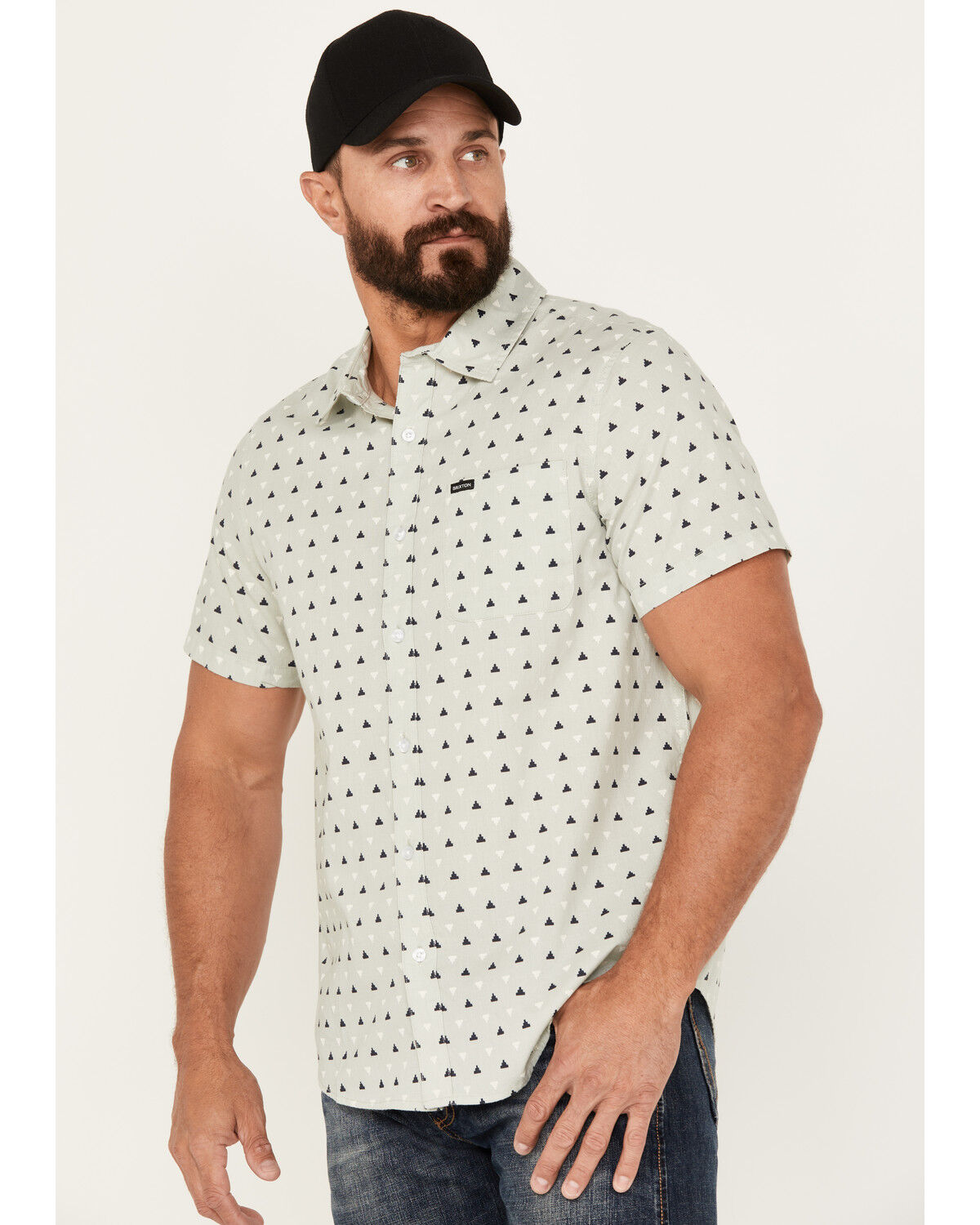 Image #2 - Brixton Men's Charter Geo Print Short Sleeve Stretch Button-Down Shirt, Light Grey, hi-res
