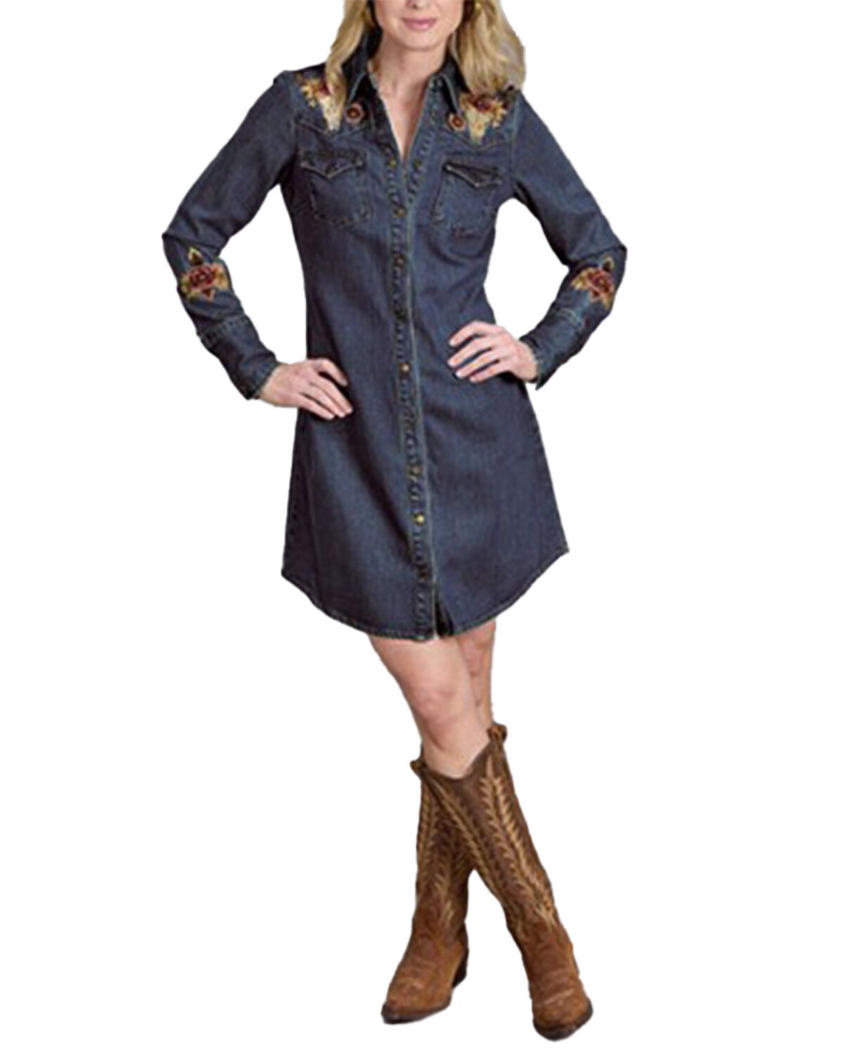 Image #1 - Stetson Women's Dark Wash Denim Embroidered Long Sleeve Mini Shirt Dress, Dark Wash, hi-res