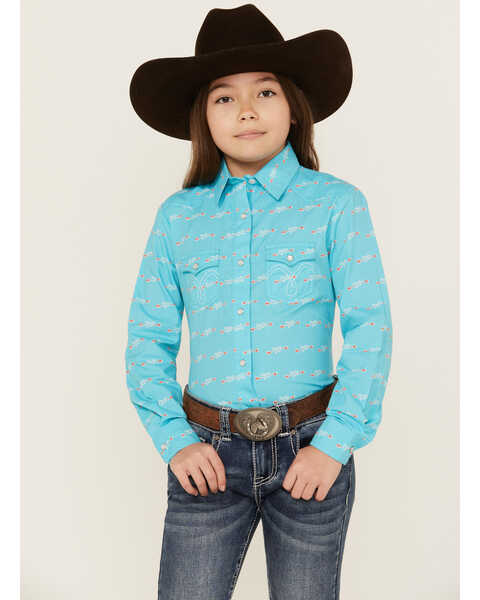 Panhandle Girls' Rodeo Arrow Print Long Sleeve Pearl Snap Western Shirt , Turquoise, hi-res