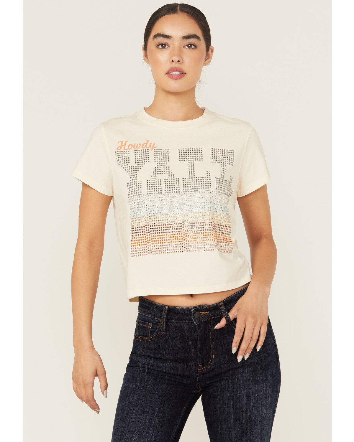 Image #1 - Idyllwind Women's Y'all Embellished Short Sleeve Cropped Graphic Tee, Ivory, hi-res