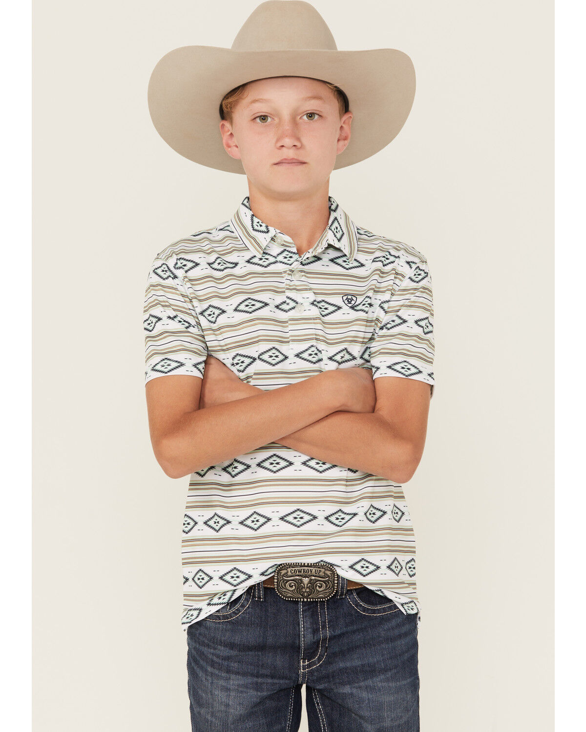 Image #1 - Ariat Boys' Southwestern Print Short Sleeve Button-Down Polo Shirt, Tan, hi-res