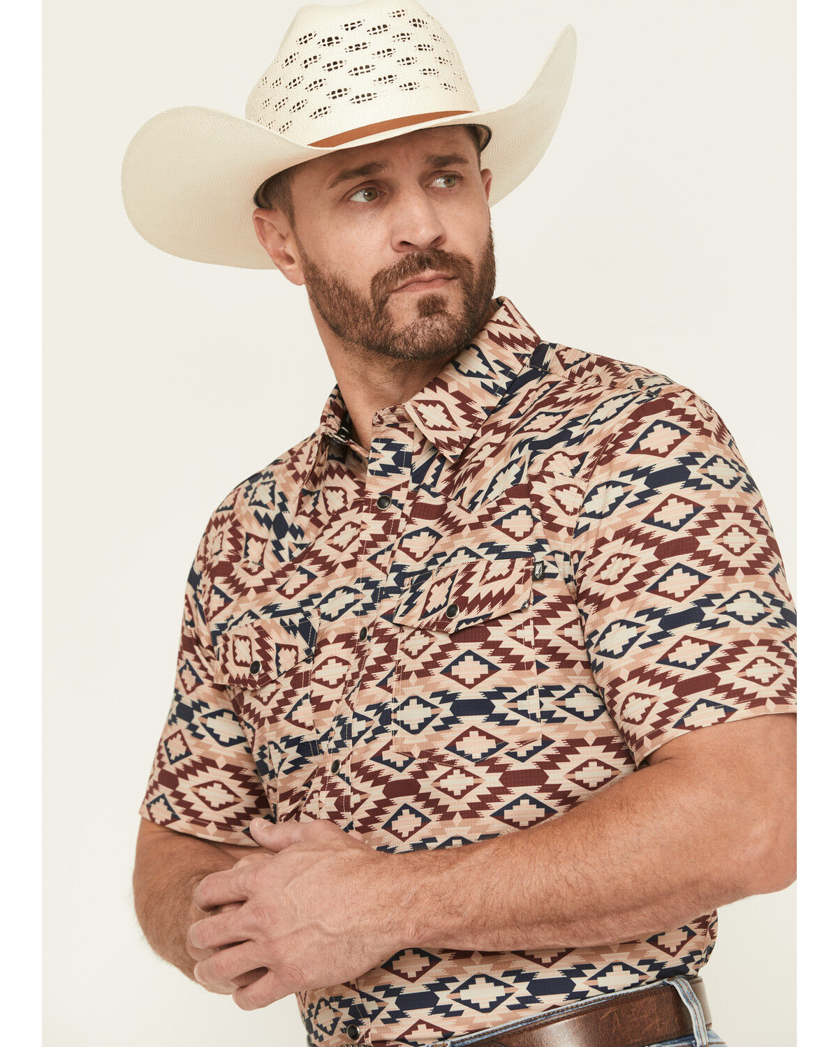 Image #2 - RANK 45® Men's Willow Creek Southwestern Print Short Sleeve Snap Performance Western Shirt, Tan, hi-res
