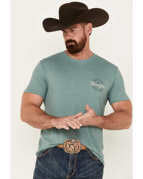 Wrangler Men's Boot Barn Exclusive Stamped Logo Short Sleeve Graphic T-Shirt, Green, hi-res