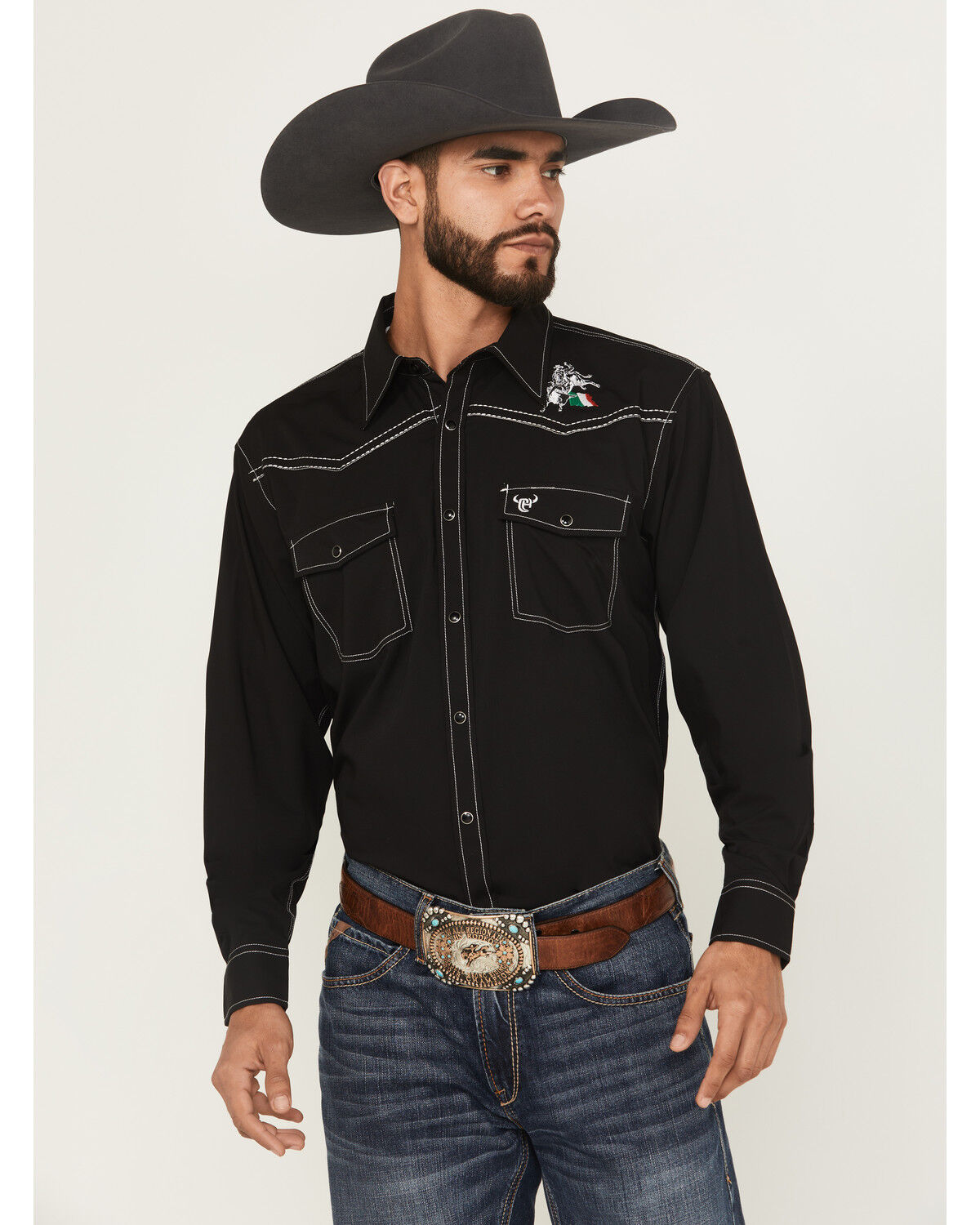 Image #1 - Cowboy Hardware Men's Boot Barn Exclusive Mexico Flag And Bull Long Sleeve Snap Stretch Western Shirt, Black, hi-res