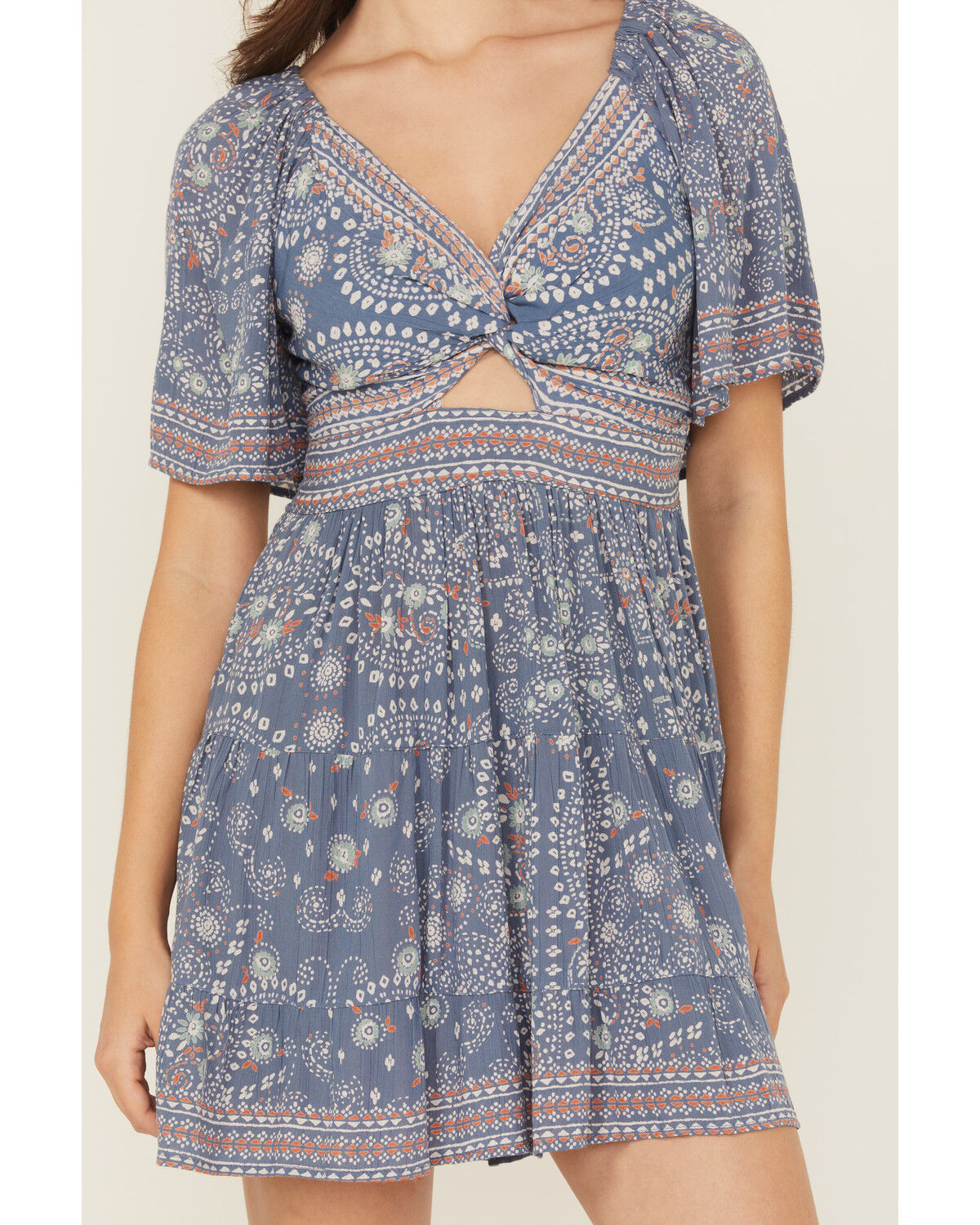 Image #3 - Angie Women's Border Print Knot Front Mini Dress, Blue, hi-res