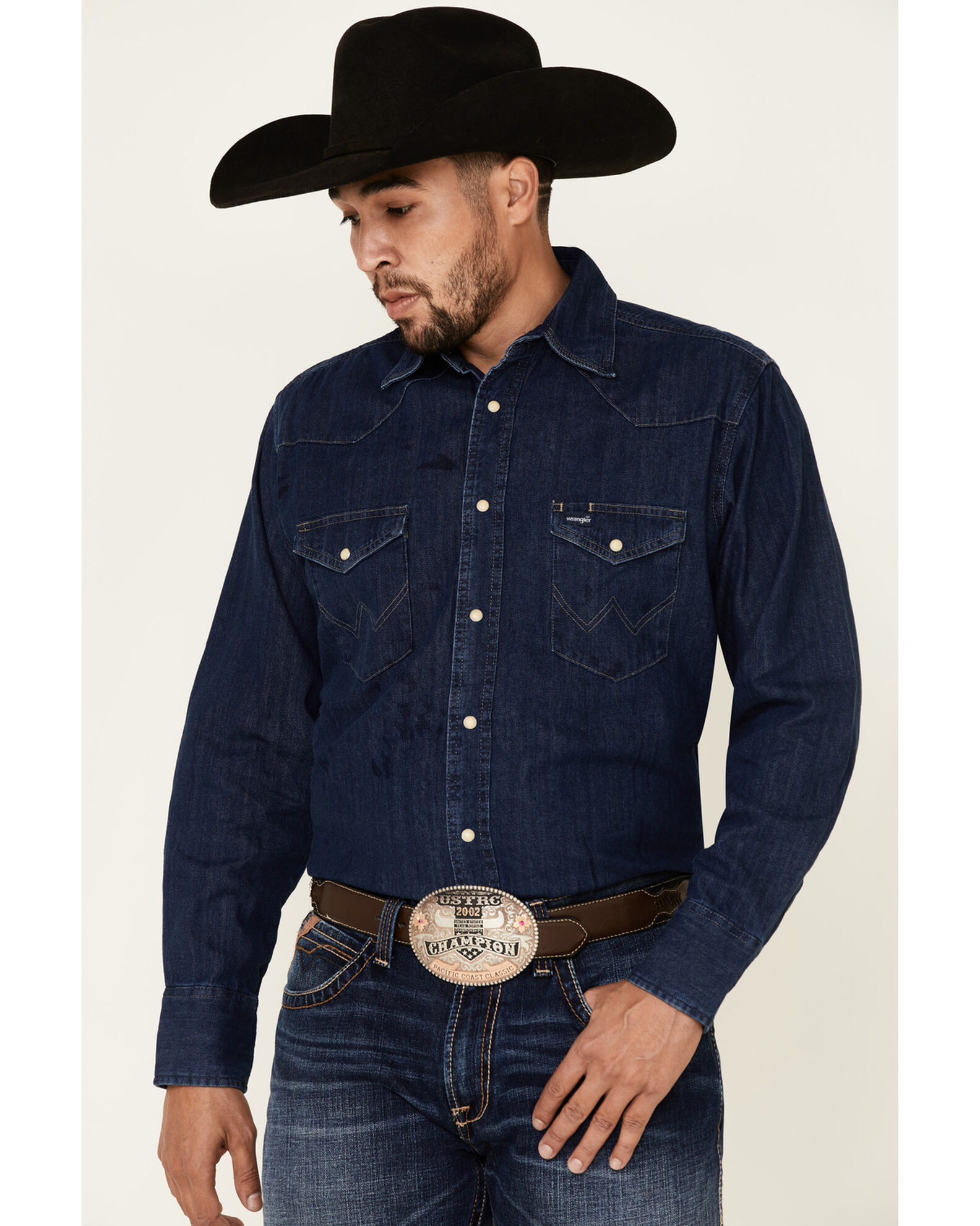 Wrangler Men s Dark Denim Solid Long Sleeve Snap Western Shirt