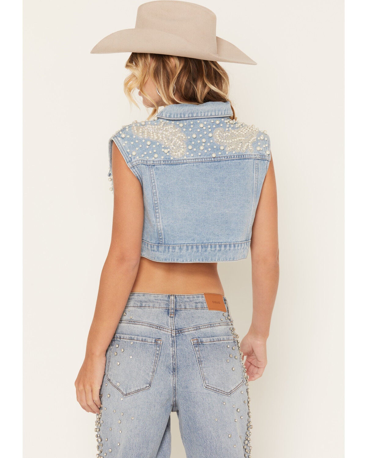 Image #4 - Azalea Wang Women's Adalyn Pearl Embellished Cropped Trucker Vest, Medium Wash, hi-res
