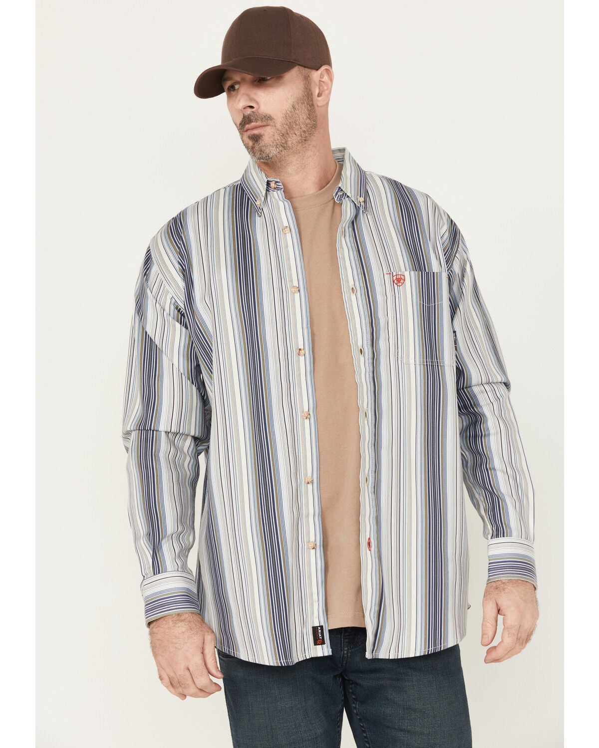 Ariat Men's FR Sunset Striped Print Long Sleeve Button-Down Work Shirt, Navy, hi-res