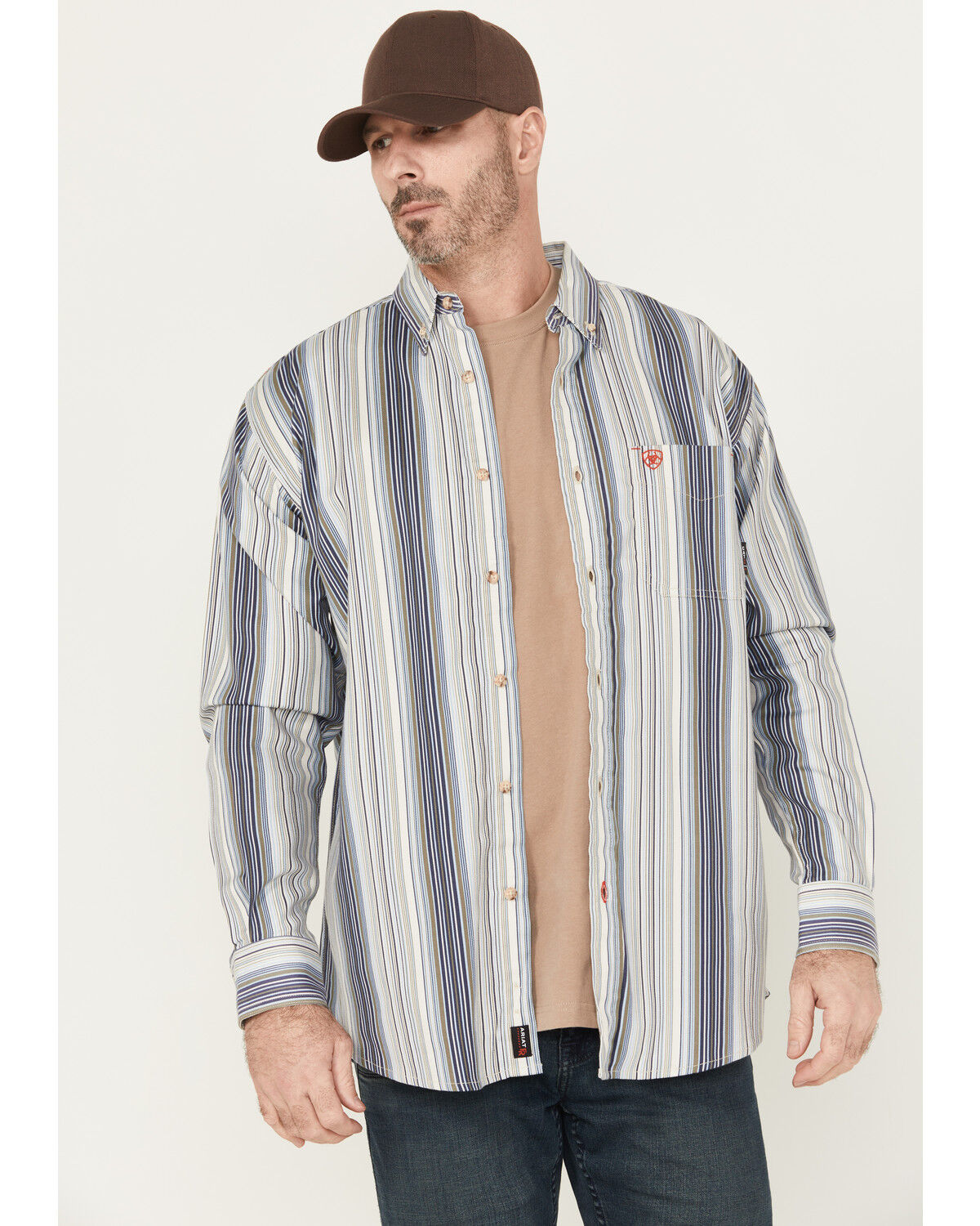 Image #1 - Ariat Men's FR Sunset Striped Print Long Sleeve Button-Down Work Shirt, Navy, hi-res