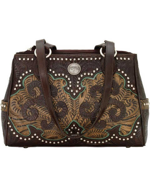 Image #1 - American West Women's Hand Tooled Concealed Carry Multi-Compartment Tote, Chocolate, hi-res