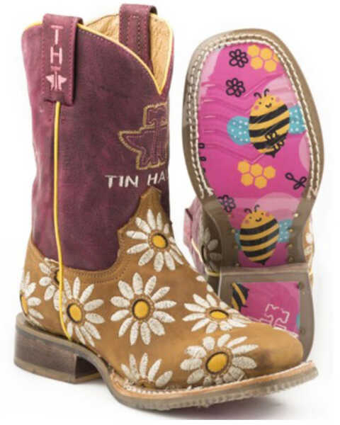 Tin Haul Girls' Lil Blossom Western Boots - Square Toe, Brown, hi-res