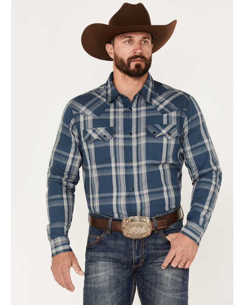Cody James Men's Expression Large Plaid Snap Western Shirt , Navy, hi-res