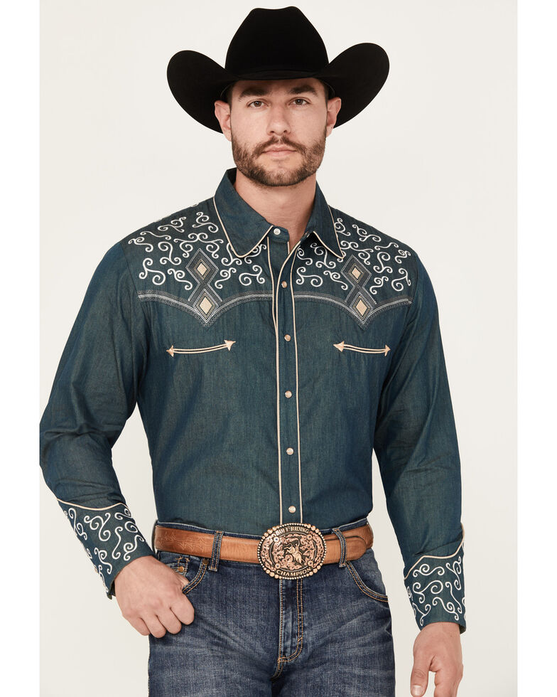 Scully Men's Denim Scroll Embroidered Long Sleeve Snap Western Shirt , Navy, hi-res