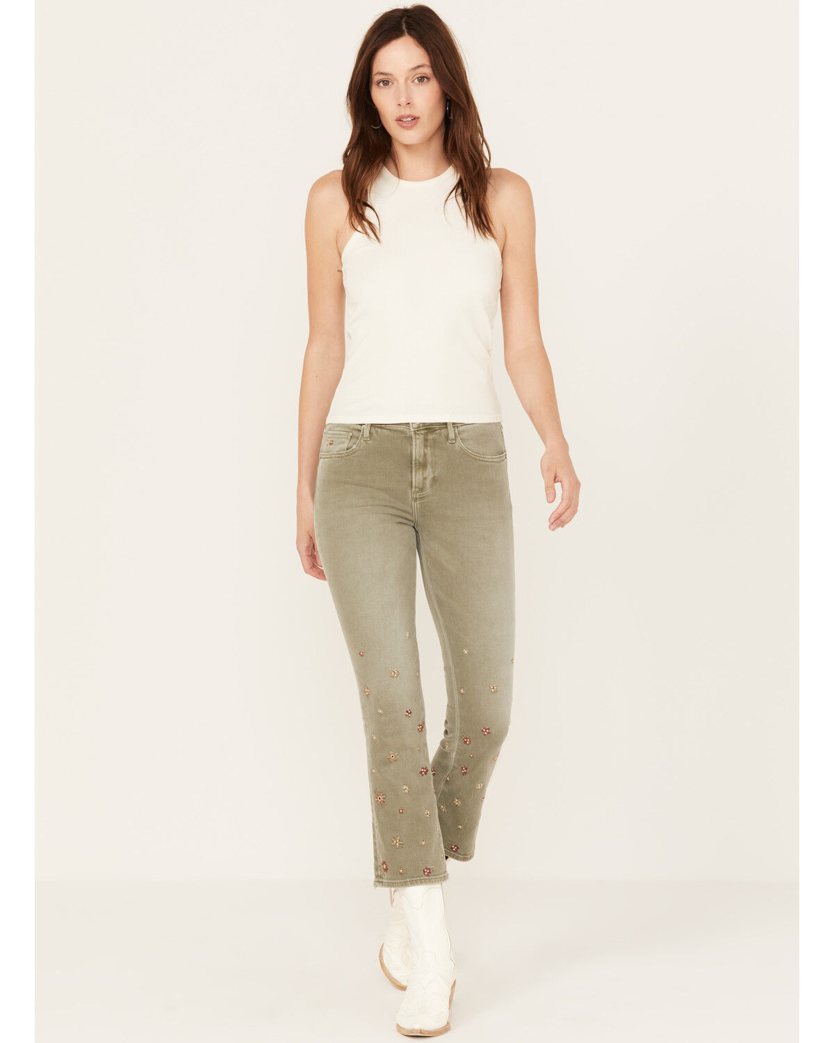 Image #1 - Driftwood Women's Tweddle Dum Roxy Cropped Jeans, Olive, hi-res