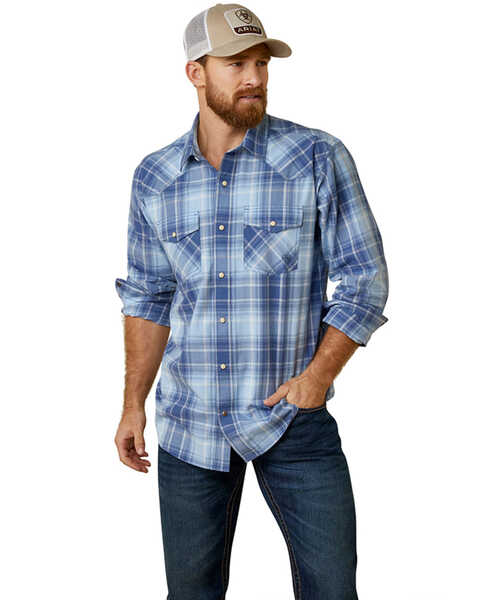 Ariat Men's Halmaty Retro Fit Plaid Print Long Sleeve Snap Western Shirt , Blue, hi-res