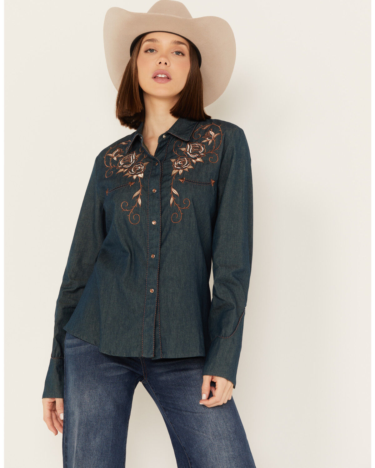 Image #1 - Scully Women's Rose Embroidered Denim Long Sleeve Pearl Snap Western Shirt, Blue, hi-res