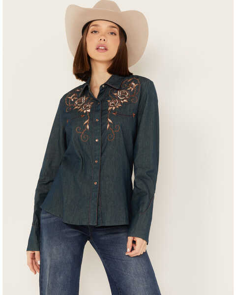 Image #1 - Scully Women's Rose Embroidered Denim Long Sleeve Pearl Snap Western Shirt, Blue, hi-res