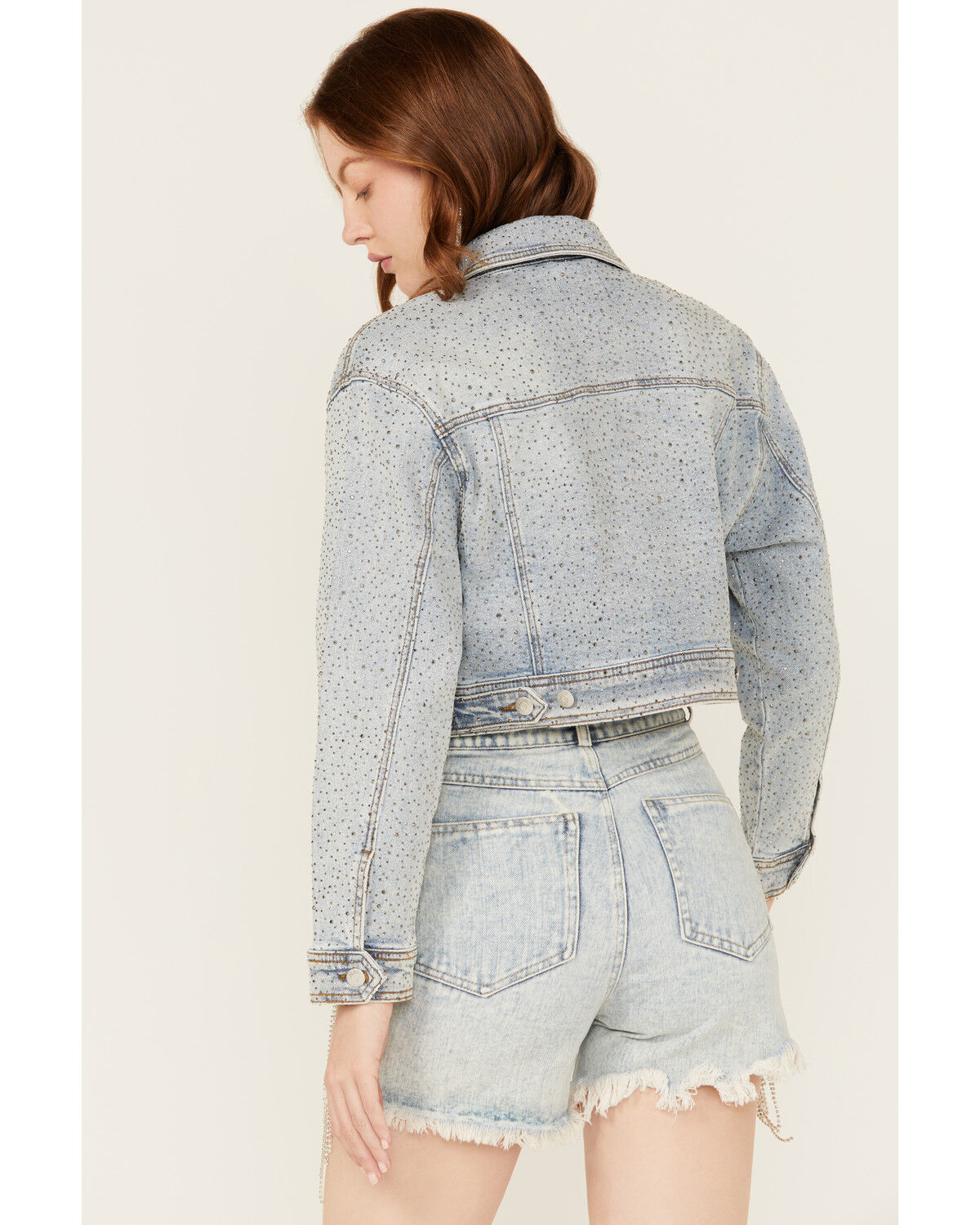 Image #4 - Vibrant Denim Women's Light Wash Rhinestone Cropped Denim Trucker Jacket, Light Wash, hi-res