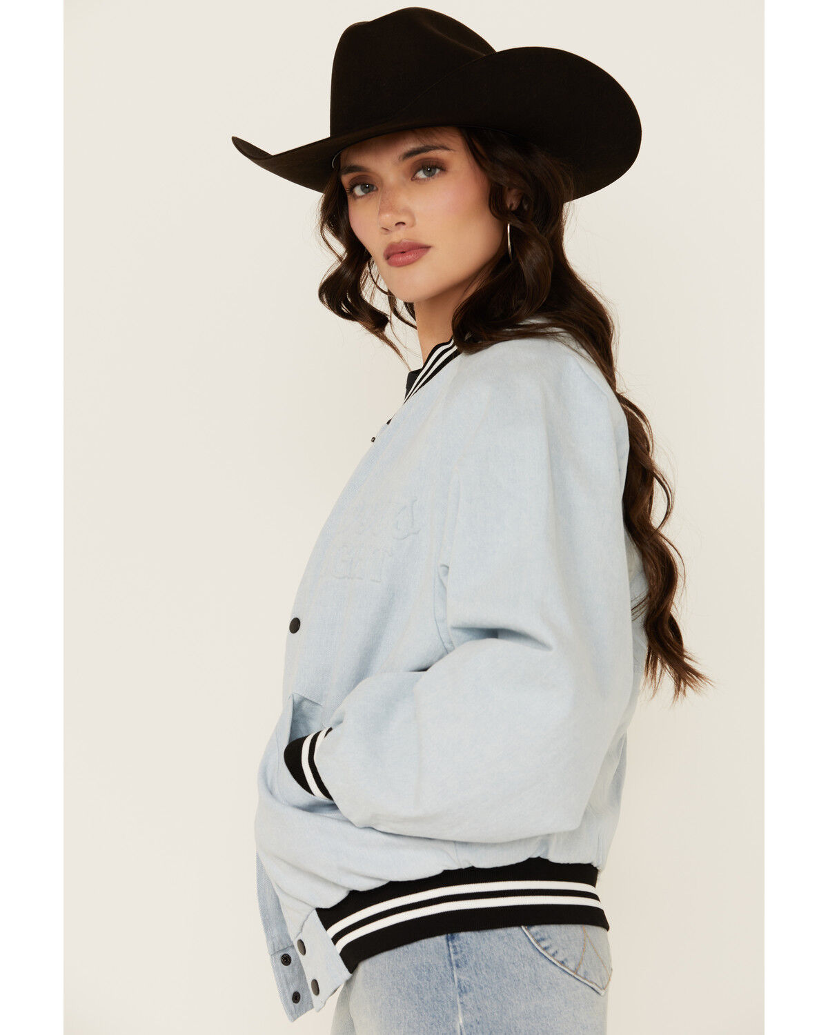 Image #3 - The Laundry Room Women's Denim Coors Ghost Stadium Bomber Jacket, Light Wash, hi-res