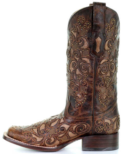 Image #3 - Corral Women's Inlay and Stud Accents Boots - Square Toe , Brown, hi-res
