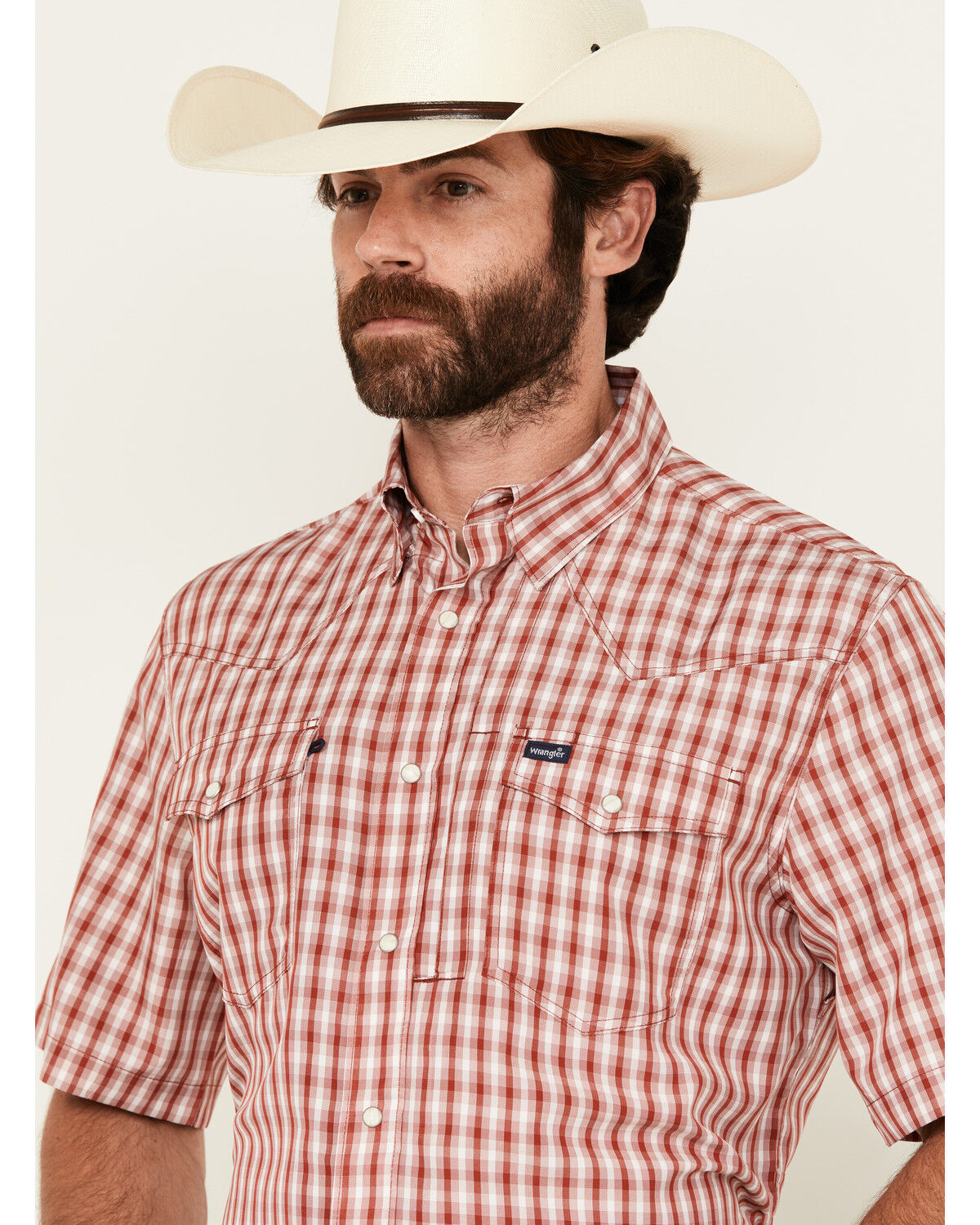Image #2 - Wrangler Men's Plaid Print Short Sleeve Snap Performance Western Shirt, Red, hi-res