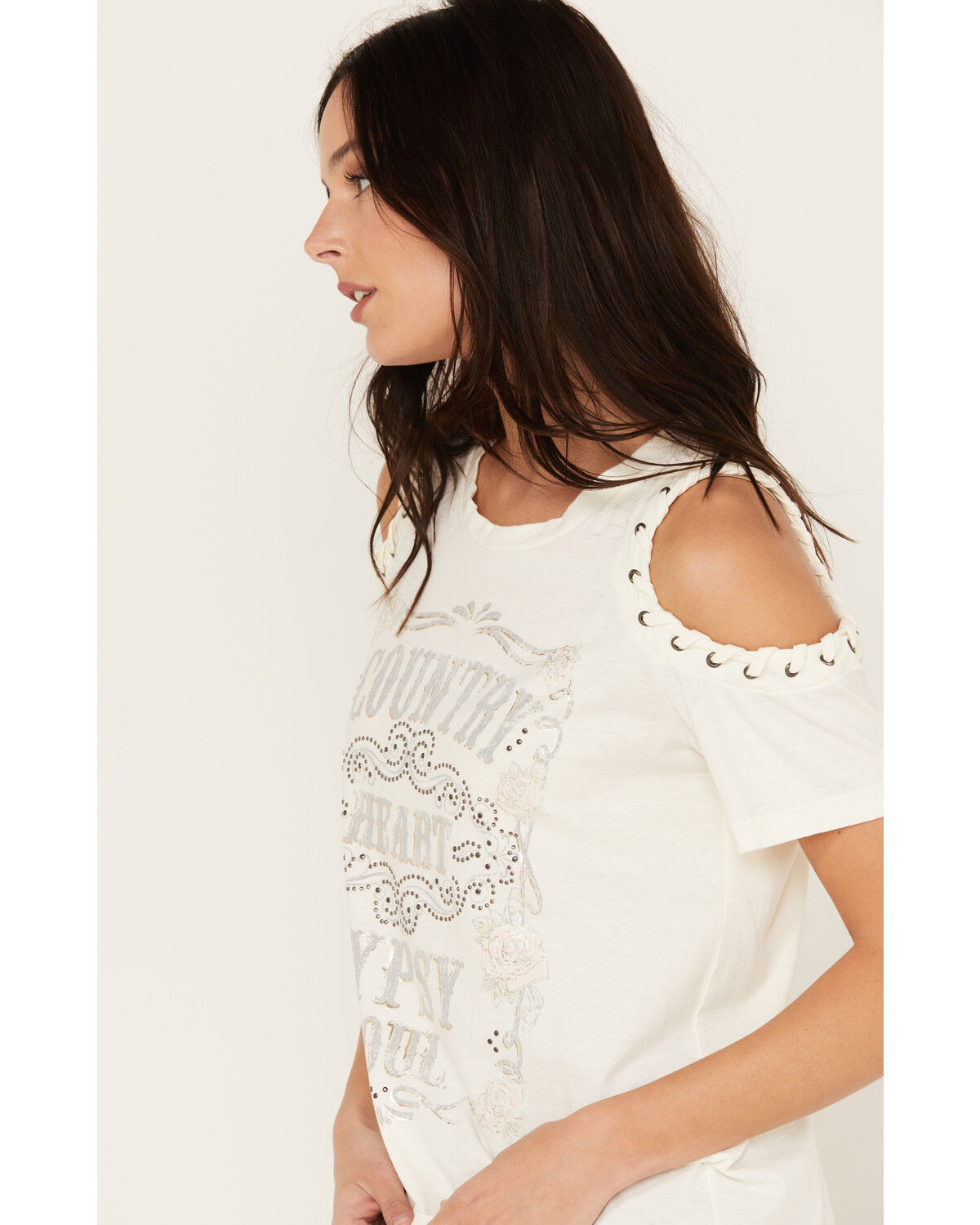 Image #2 - Blended Women's Cold Shoulder Country Heart Short Sleeve Graphic Tee, , hi-res