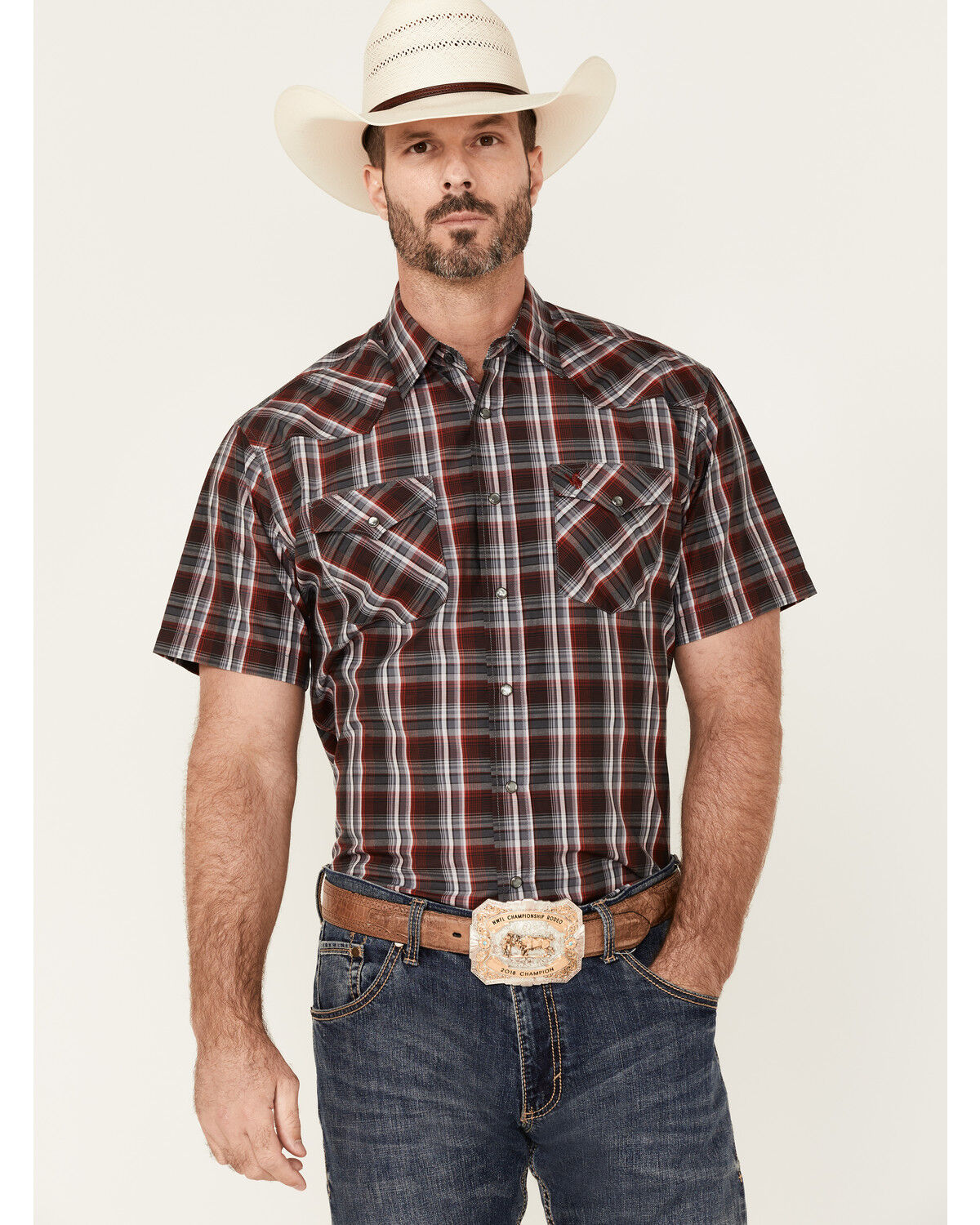 Image #1 - Rodeo Clothing Men's Red & Grey Plaid Short Sleeve Snap Western Shirt, Red, hi-res