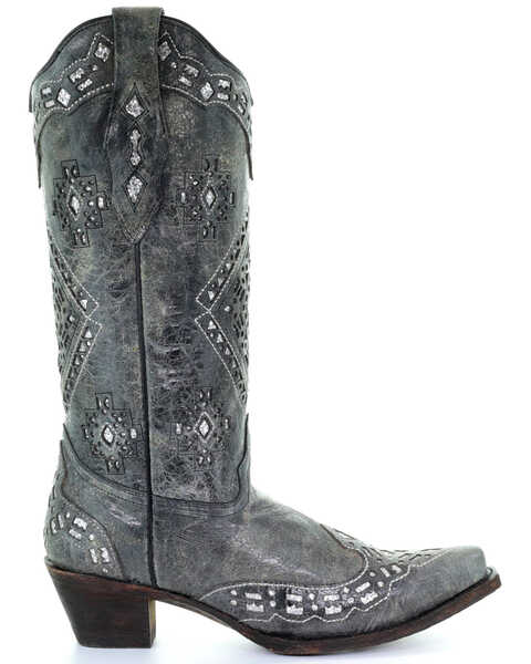 Image #2 - Corral Women's Glitter Inlay Western Boots - Snip Toe, Black Distressed, hi-res