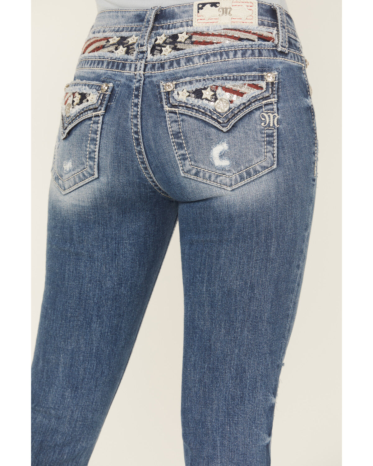 Image #2 - Miss Me Women's Medium Wash Mid Rise Americana Pocket Bootcut Stretch Denim Jeans, Medium Wash, hi-res