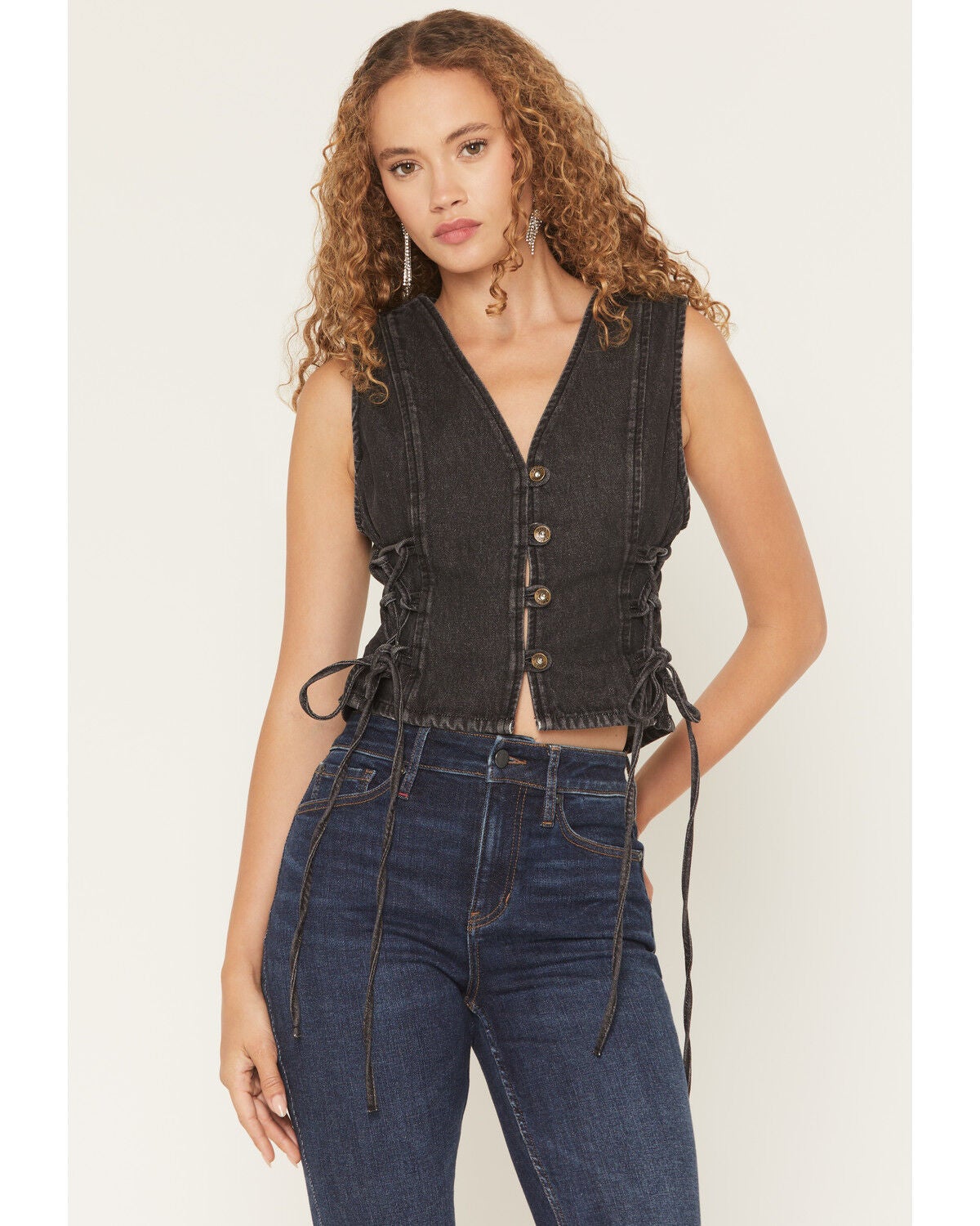 Saints & Hearts Women's Side Tie Button-Down Denim Vest, Black, hi-res