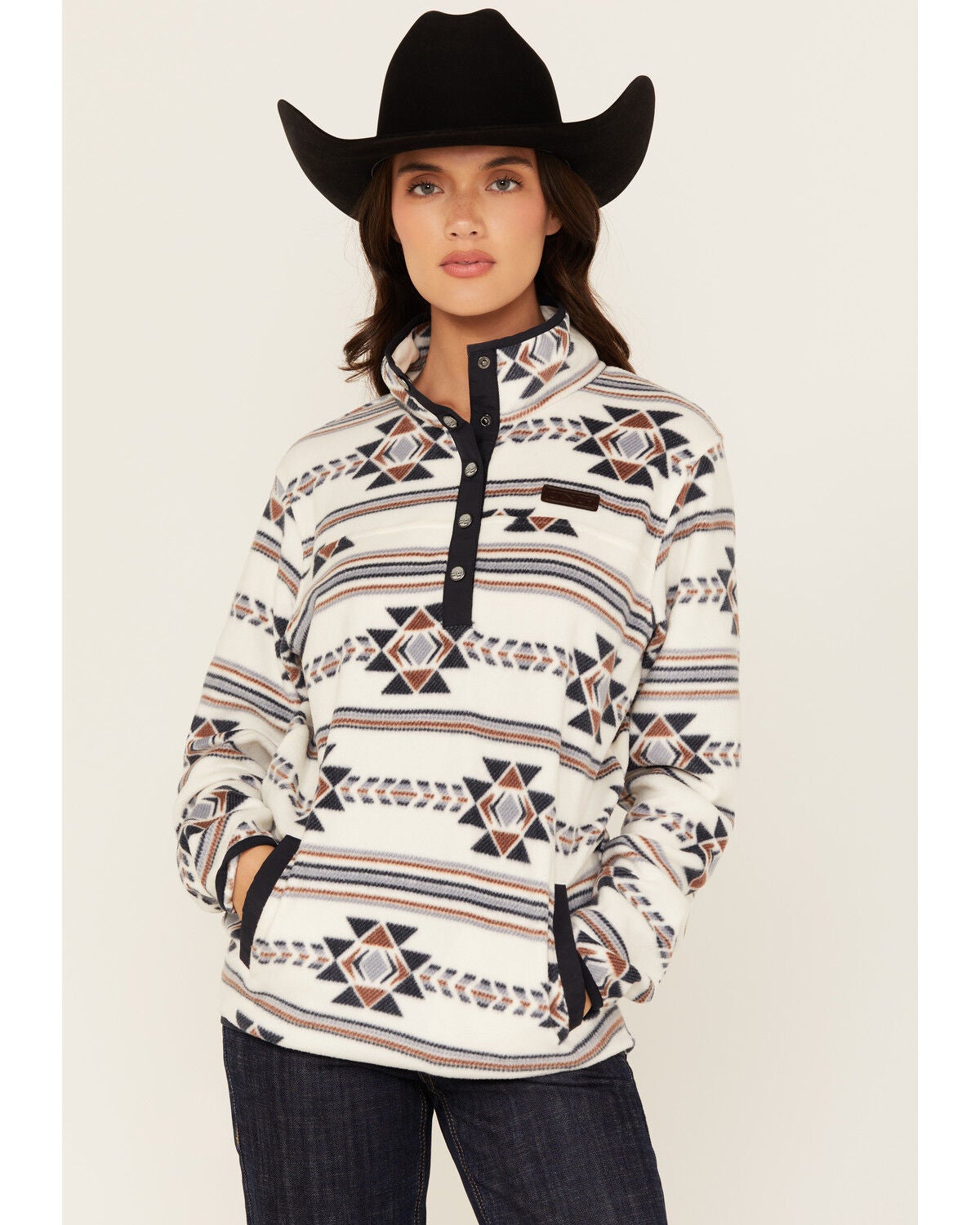 Cinch Women's Southwestern Print Fleece Long Sleeve Snap Pullover, Cream, hi-res