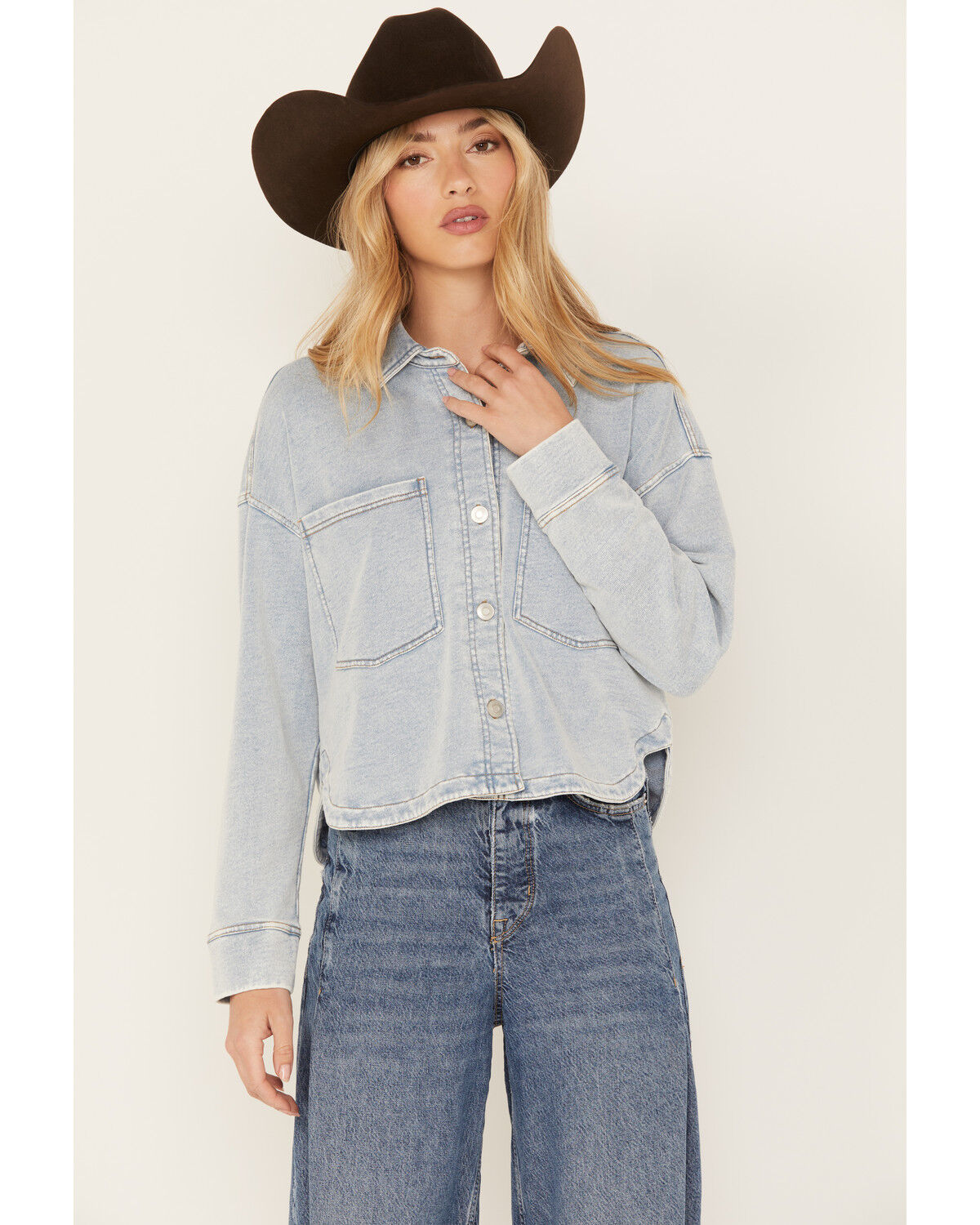 Image #1 - White Crow Women's Denim Knit Cropped Shacket, Light Blue, hi-res