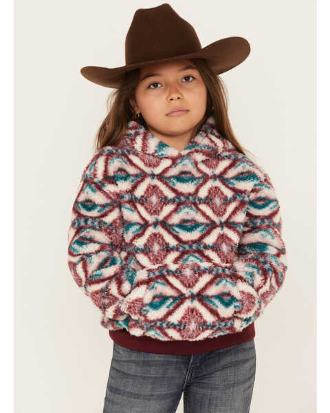 Shyanne Girls' Fuzzy Sherpa Southwestern Print Pullover , Ivory, hi-res