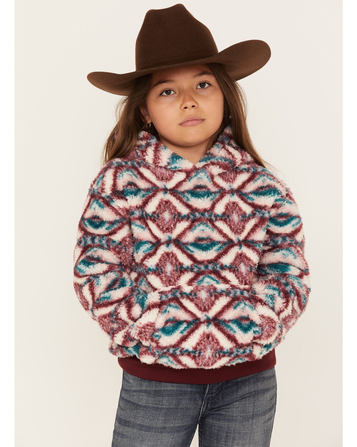 Image #1 - Shyanne Girls' Fuzzy Sherpa Southwestern Print Pullover, Ivory, hi-res