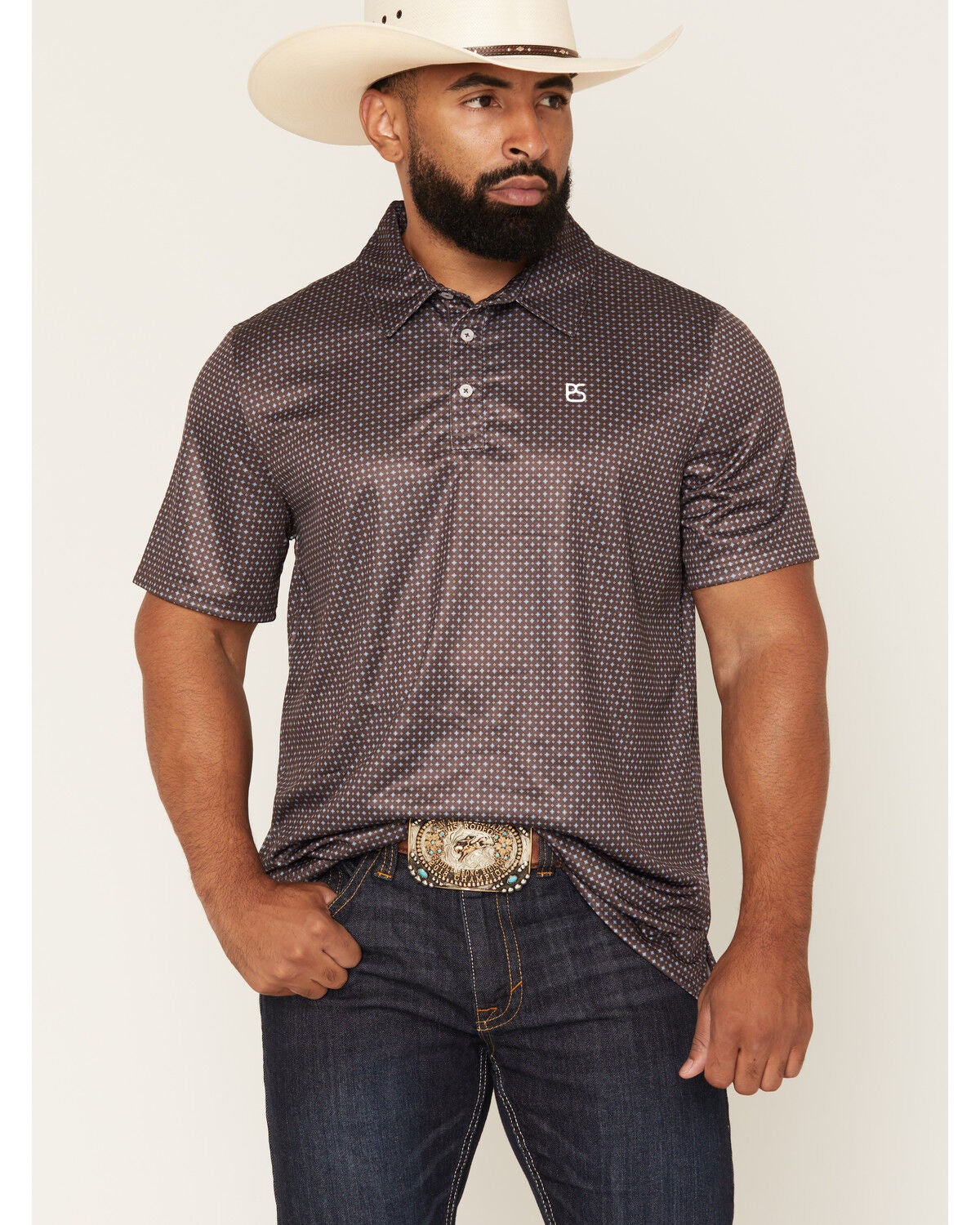 Panhandle Slim Men's Geo Print Short Sleeve Performance Polo, Brown, hi-res