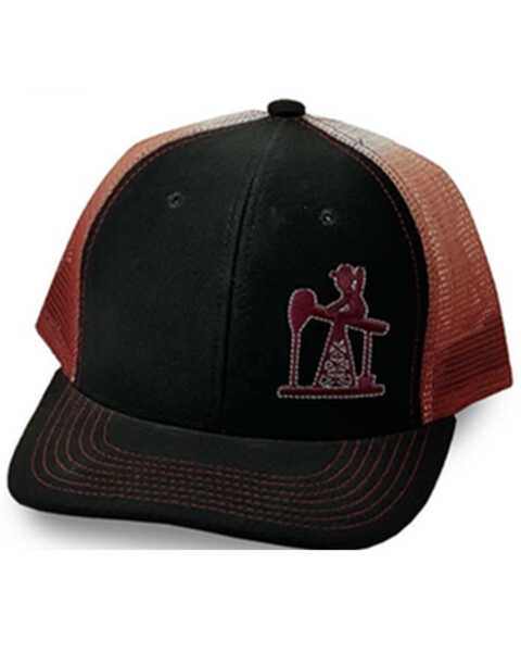 Oil Field Hats Men's Black & Red Bean Stitch Fade Trucker Cap, Black, hi-res