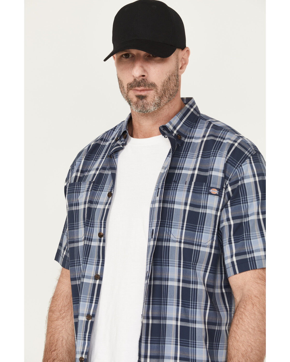 Image #2 - Dickies Men's Flex Plaid Print Short Sleeve Button-Down Work Shirt, Navy, hi-res