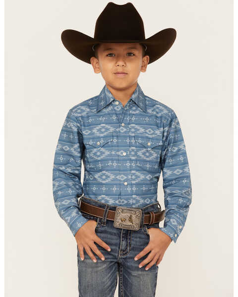 Ely Walker Boys' Southwestern Stripe Long Sleeve Snap Western Shirt, Blue, hi-res