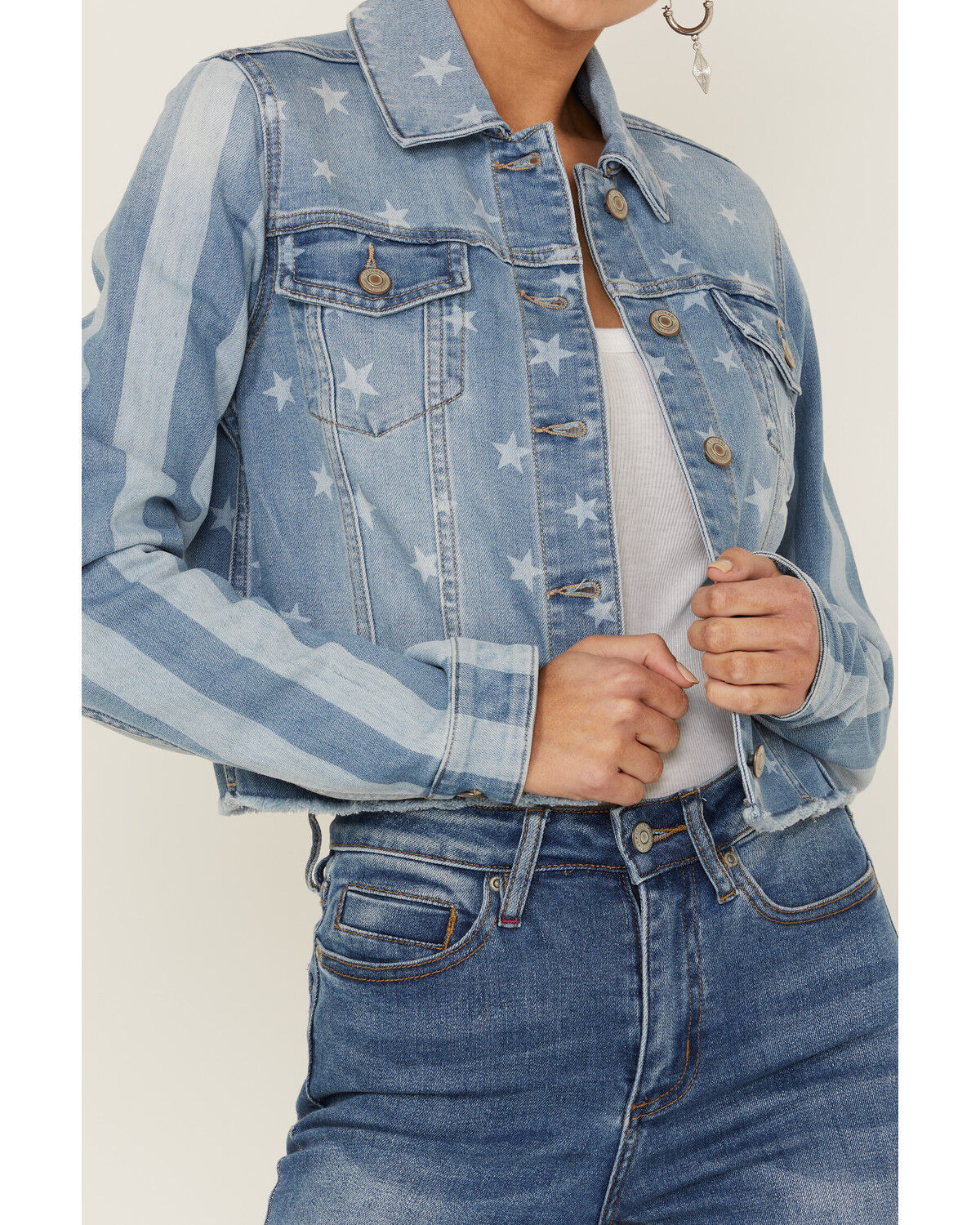 Image #2 - Shyanne Women's Stars & Stripes Print Cropped Frayed Hem Denim Jacket, Medium Wash, hi-res