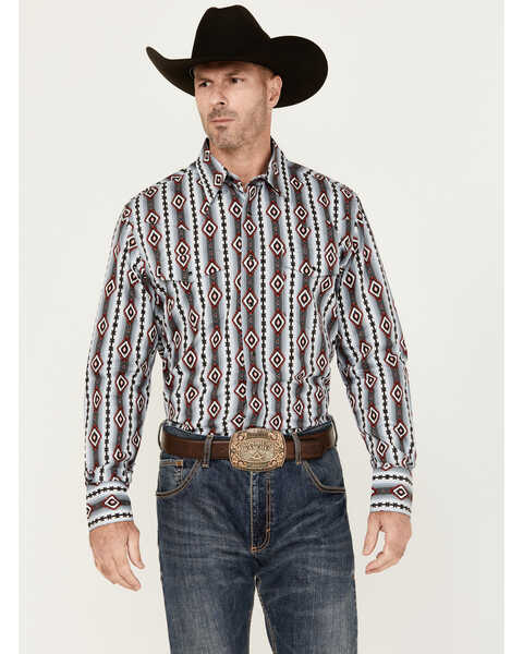 Image #1 - Wrangler Men's Southwestern Print Long Sleeve Snap Western Shirt, Grey, hi-res