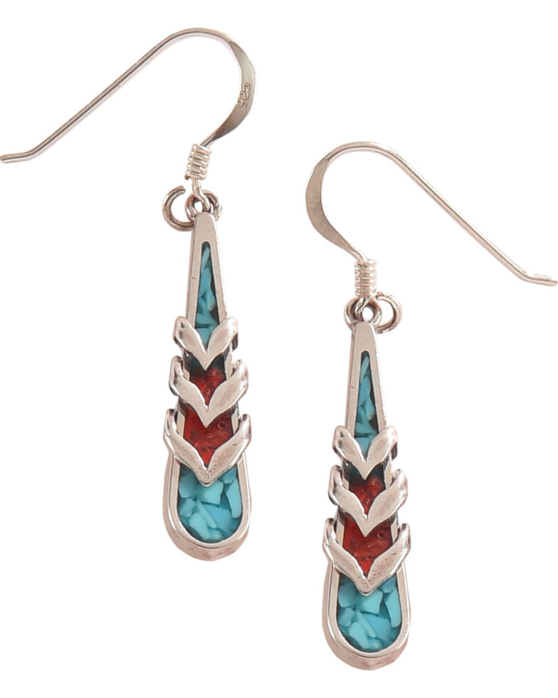 Silver Legends Women's Turquoise and Coral Feather Dangle Earrings , Turquoise, hi-res