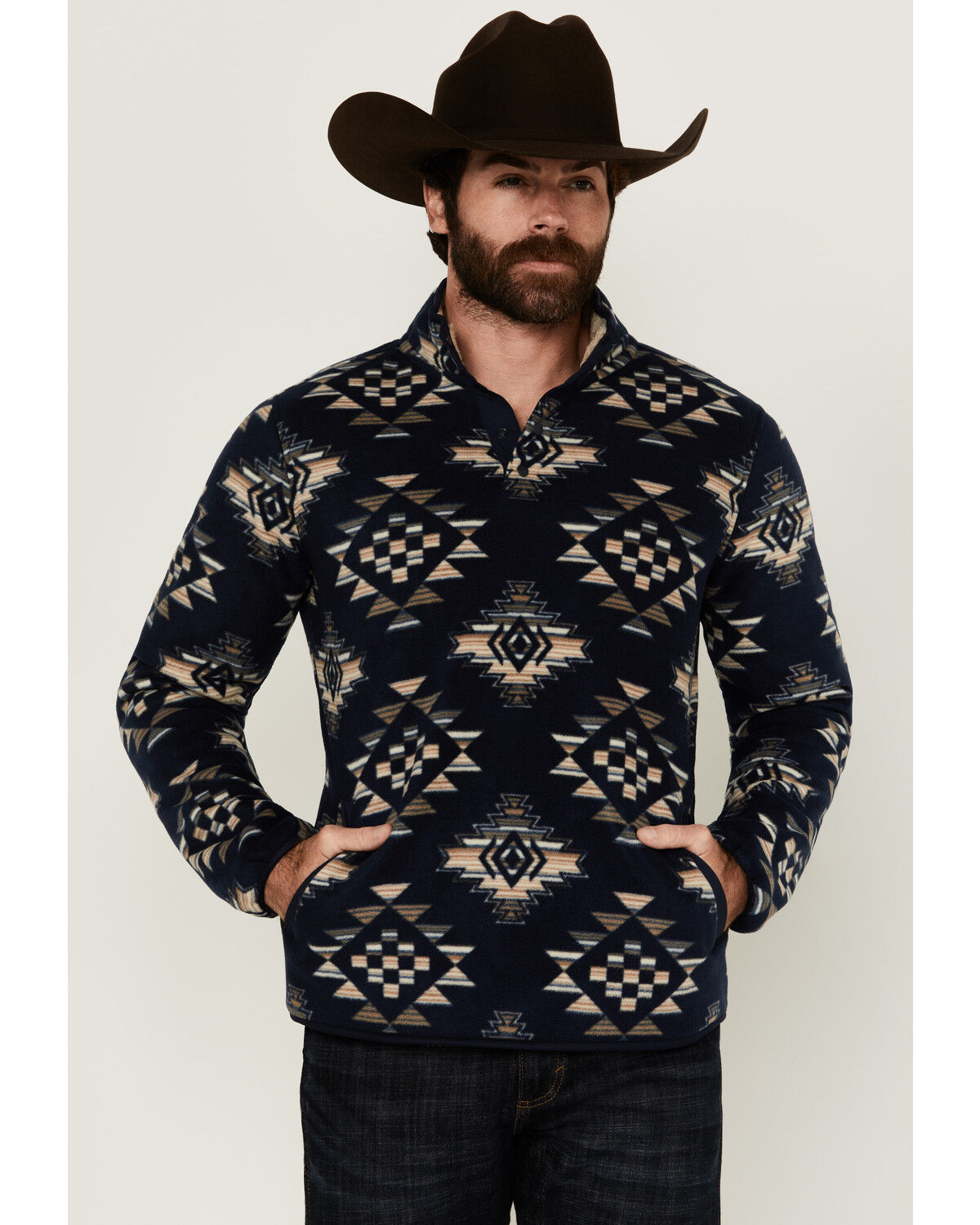 Image #1 - Cody James Men's Roy Southwestern Print 1/4 Snap Fleece Pullover, Navy, hi-res
