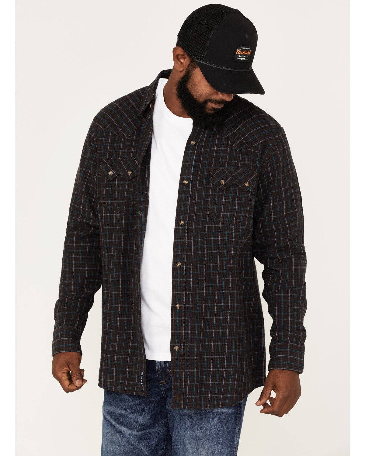 Image #1 - Moonshine Spirit&reg; Men's Cask Small Plaid Print Snap Western Flannel Shirt, Brown, hi-res