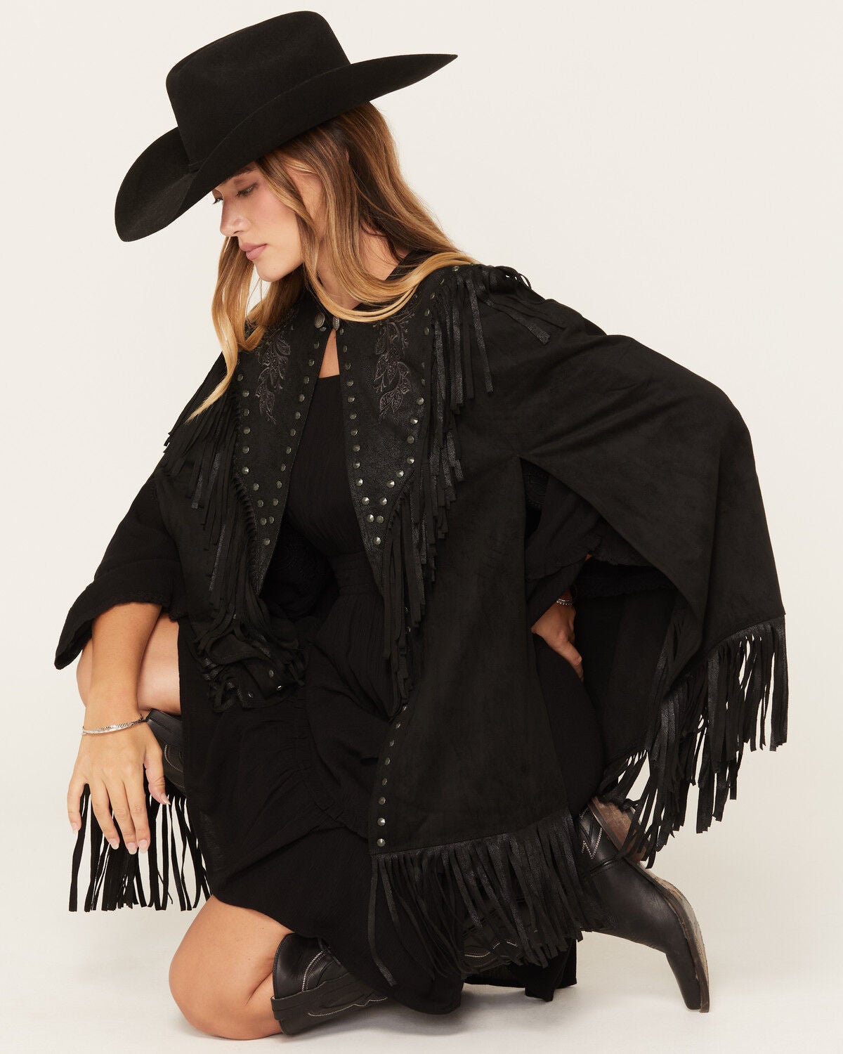 Image #1 - Shyanne Women's Shelby Faux Suede Fringe Capelet, Black, hi-res