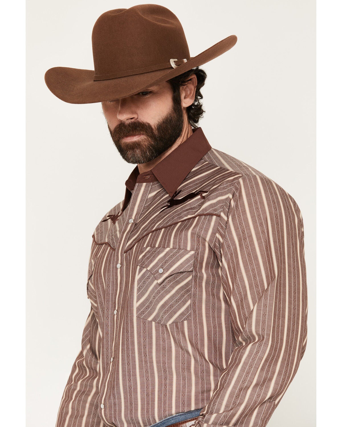 Image #2 - Ely Walker Men's Jackalope Embroidered Striped Long Sleeve Pearl Snap Western Shirt, Burgundy, hi-res
