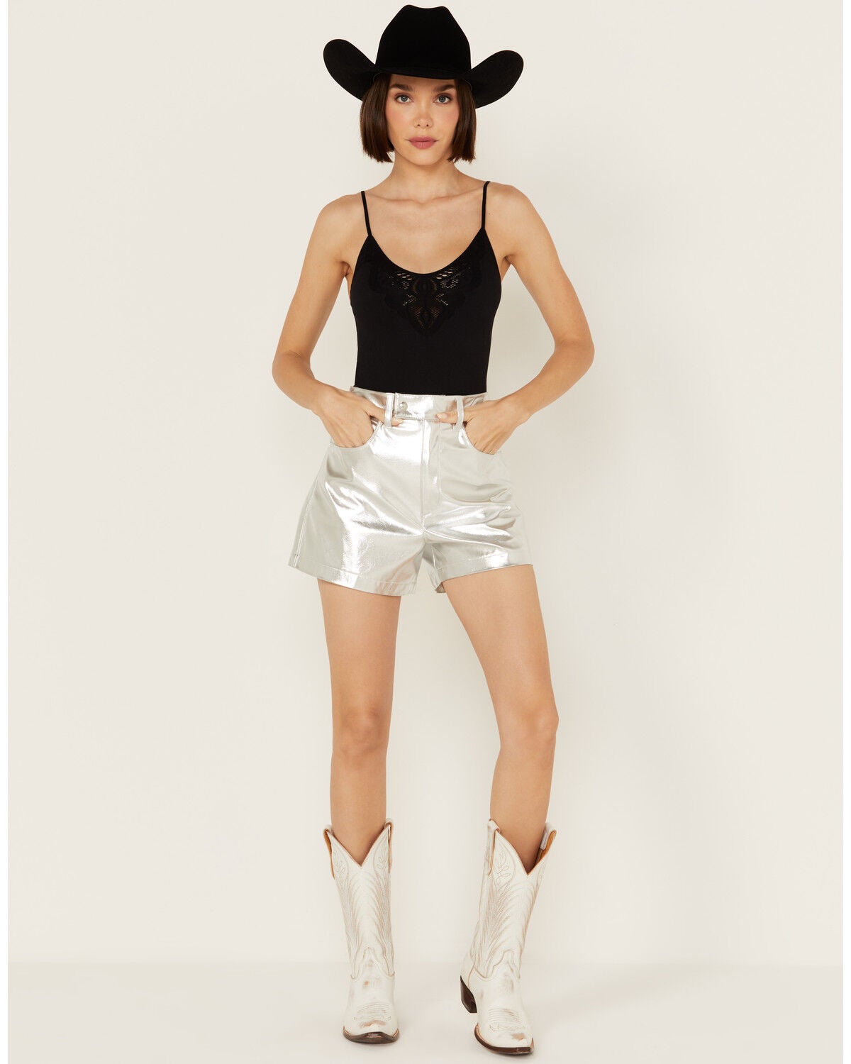 BLANKNYC Women's High Rise Metallic Shorts, Silver, hi-res