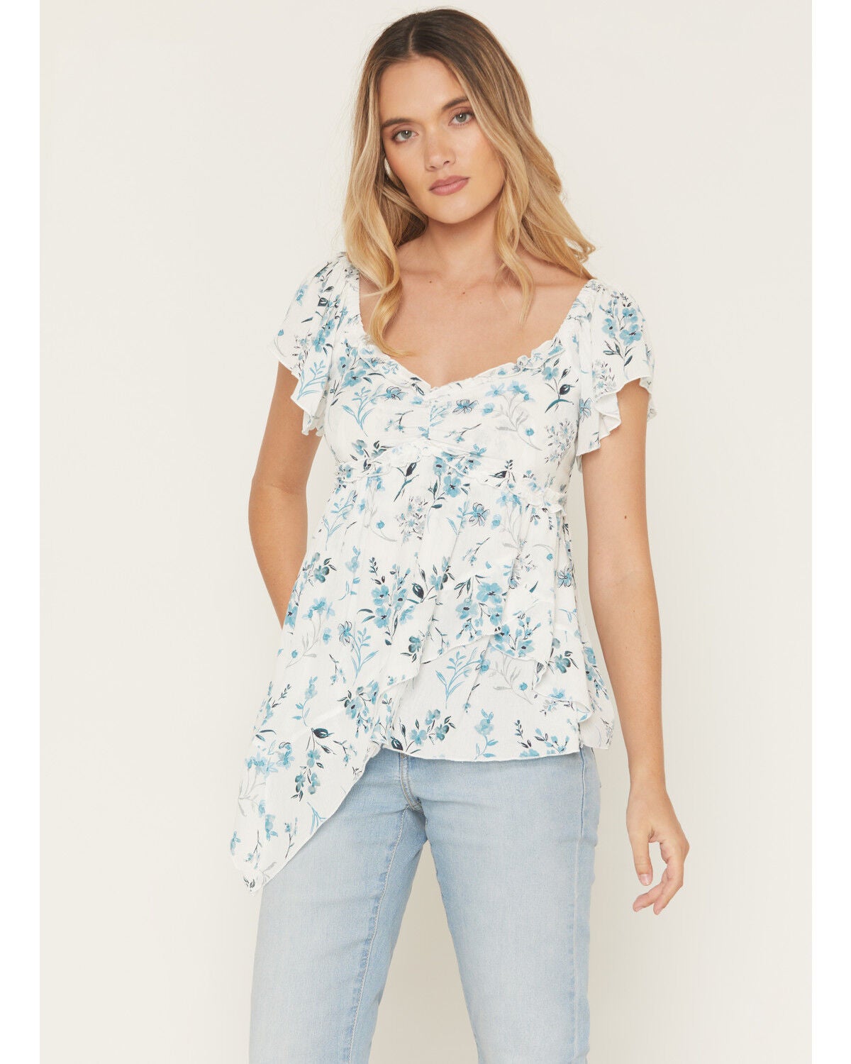 Wild Moss Women's Floral Print Short Sleeve Shirt, Ivory, hi-res