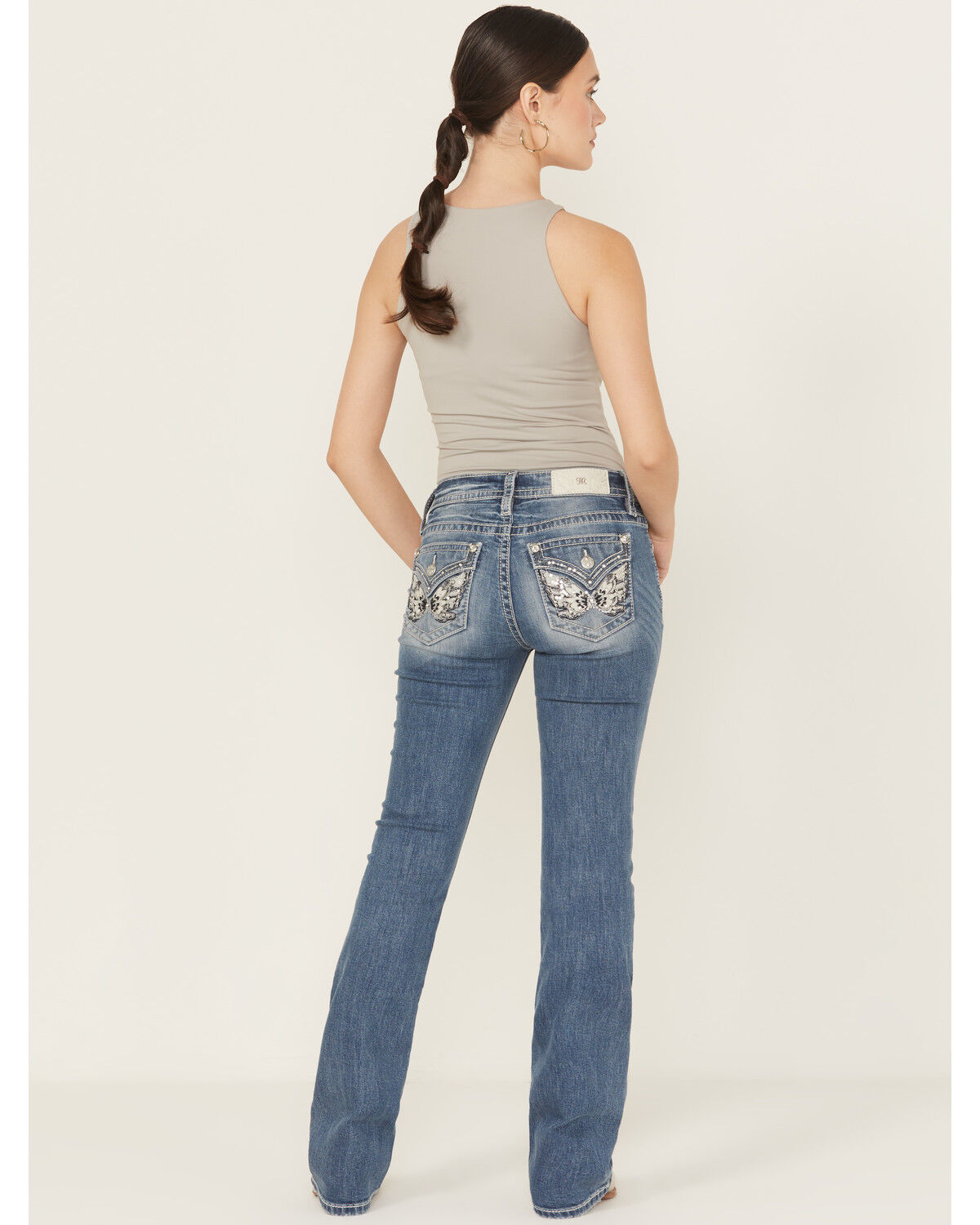 Image #1 - Miss Me Women's Medium Wash Mid Rise Butterfly Pocket Bootcut Stretch Denim Jeans - Long, Medium Wash, hi-res