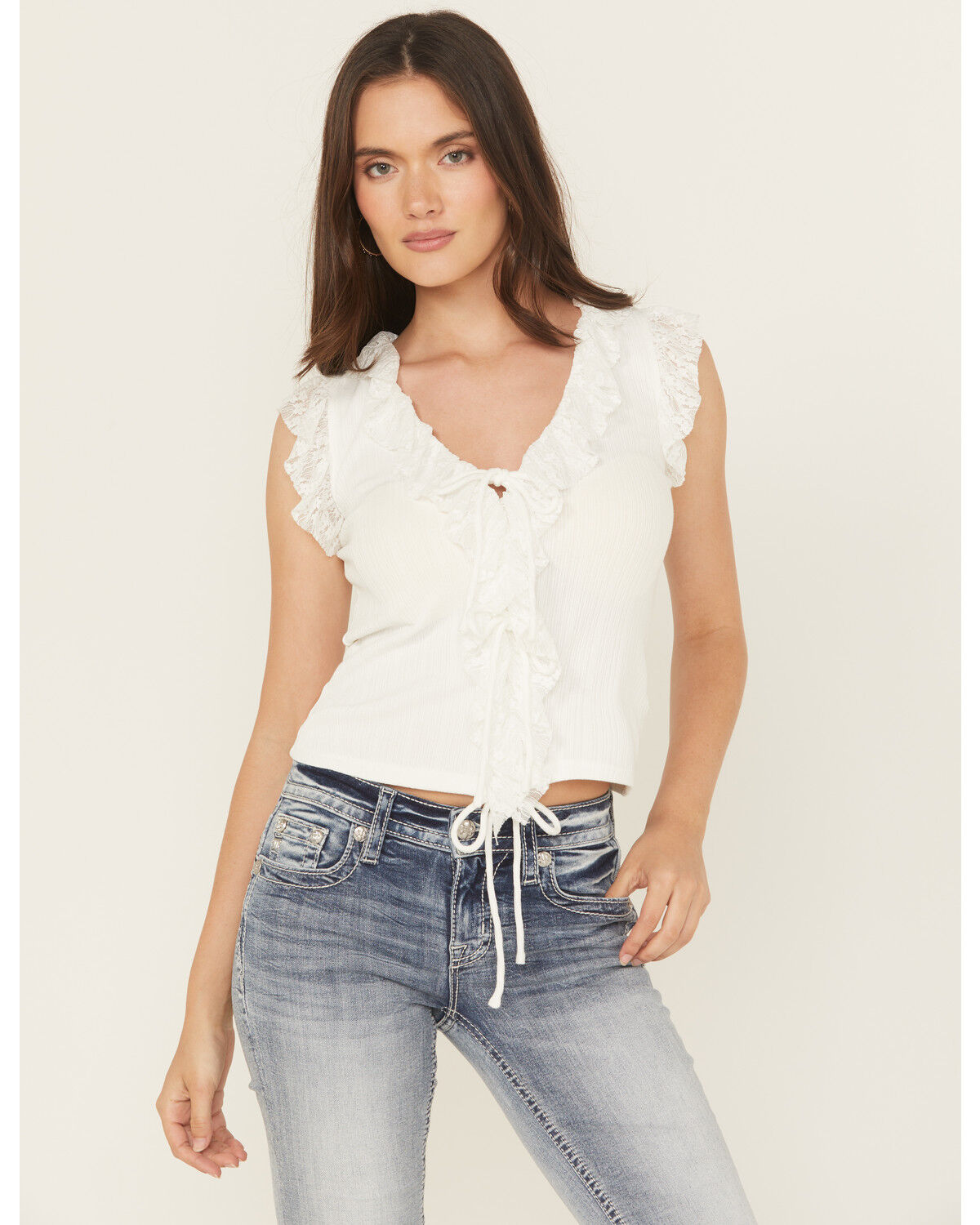 Image #1 - Miss Me Women's Ruffle Sleeveless Tie-Front Tank Top, White, hi-res
