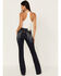 Grace in LA Women's Dark Wash Mid Rise Sequin Embroidered Slim Stretch Bootcut Jeans , , hi-res